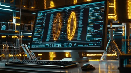Poster - A Futuristic Laboratory Workstation with a Computer Displaying a 3D Model of a Biological Structure