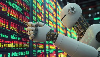 Aufkleber - A humanoid robot analyzing a wall of flashing digital data