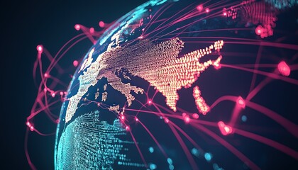 Poster - A digital representation of the earth with bright, glowing, pink lines emanating from it.