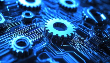 Aufkleber - Metallic Gears Interlocking on a Blue Circuit Board