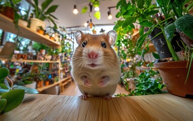 Cute hamster in a plant shop with a playful look. A concept of pet care, small animal companionship and a happy hamster.