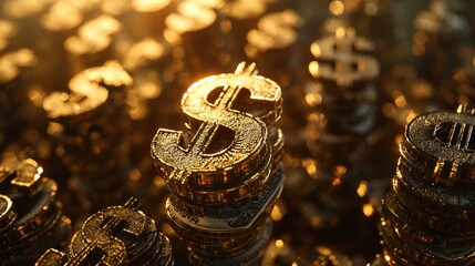 Aufkleber - Golden Dollar Sign Coins Stacked in a Pile