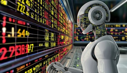 Leinwandbilder - A White Robot Interacting with a Stock Market Data Screen