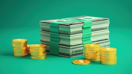 Aufkleber - Stack of US Dollar Bills and Golden Coins on Green Background