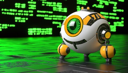 Poster - Futuristic Robot with a Single Large Eye on a Green Circuit Board