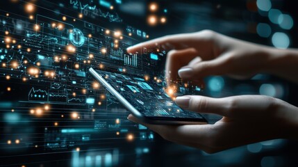 Fototapete - A Person's Hand Interacting With a Smartphone Displaying Digital Data and Graphs