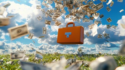 Aufkleber - Orange Briefcase Floating in a Sky Filled with Falling Dollar Bills