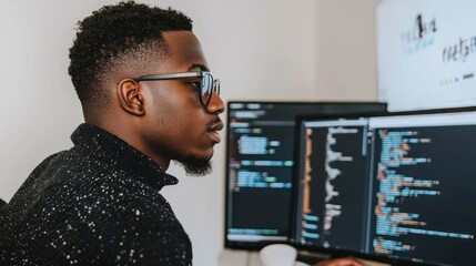Aufkleber - A man focused on coding on two computer screens