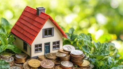 Aufkleber - Miniature House Surrounded by Coins and Green Foliage