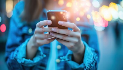 Poster - Closeup of a Person's Hands Holding a Smartphone in a Blurred Urban Environment