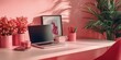 © Orod - Workspace, pink desk setup with a laptop, flowers, and decor in a creative and vibrant environment.