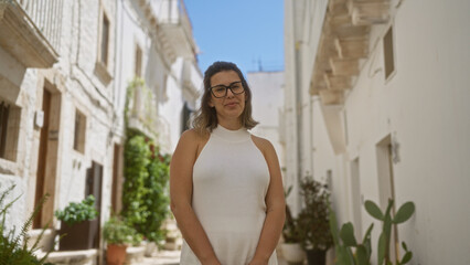 Wall Mural - A young hispanic woman in a white dress stands in the quaint, narrow streets of locorotondo, an ancient town in puglia, italy, surrounded by white-washed buildings on a sunny day.