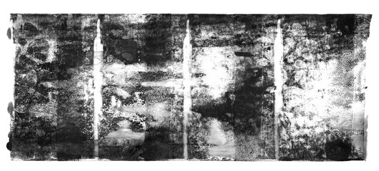 Wall Mural - Linocut, relief printing rectangle texture with paint streaks. Black and white artistic text background with rough uneven edge. Dirty, grungy paint roller stains, wide textured lino ink remains.