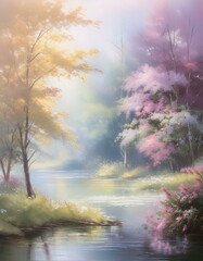 Wall Mural - Serene pastel landscape painting of a tranquil river flowing through a dreamy forest.