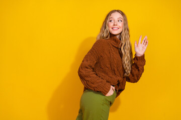 Wall Mural - Profile portrait of nice young girl look wave hi empty space wear sweater isolated on yellow color background