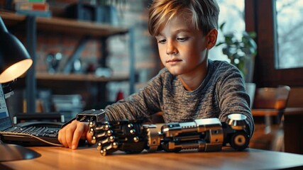 Poster - In a warm studio, a boy attentively examines a robotic prosthetic hand. The atmosphere is bright and inviting, showcasing his curiosity and focus on technology.