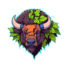 Poster - Majestic Bison Head with Tropical Leaves