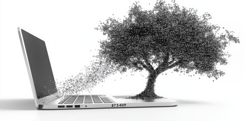 A computer screen showing a tree formed by flying data code.