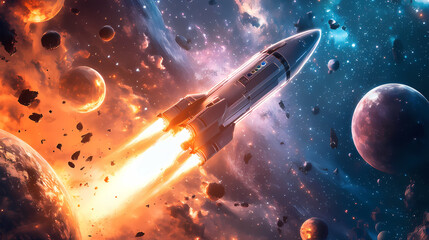 Canvas Print - Launch of a rocket into space with glowing thrusters, surrounded by planets and stars, depicted in a vibrant, futuristic illustration. Space Wanderer Voyage. Illustration