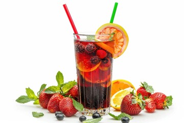 Wall Mural - Fruit cocktail with straws on white background