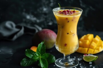 Wall Mural - Passion fruit and mango juice in glass on dark background Vertical format Traditional healthy drink with freshness lassi made of yogurt water spices fruits and ice