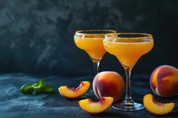 Wall Mural - Two Bellinis with peaches on dark background