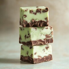 Three mint chocolate chips fudge cubes stacked dessert cream creme.
