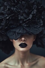 Wall Mural - A woman with black lips and a hat made of black flowers