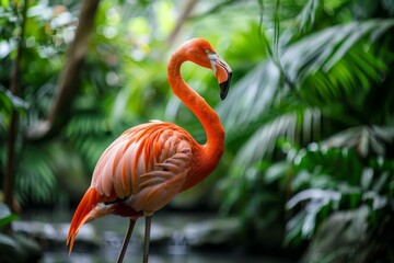 Wall Mural - Elegant pink flamingo is standing on one leg in a lush tropical forest