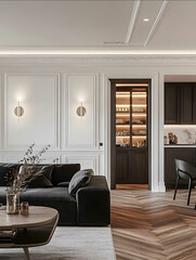 A photo of the interior design of an apartment in Paris showcasing classic French style with white walls and dark wood accents The living room features he