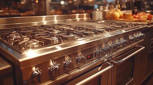 Professional stainless steel kitchen range with gas burners and oven.