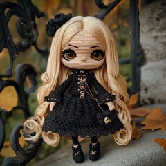 Nice halloween gothic girl witch doll crocheted made of yarn wool beautiful holiday picture handmade decor design art creative craft