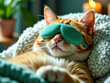 © Gianpiero - A serene image of a cat wearing an eye mask, resting comfortably in a bed. The cozy setting and warm lighting create a peaceful and relaxing ambiance.