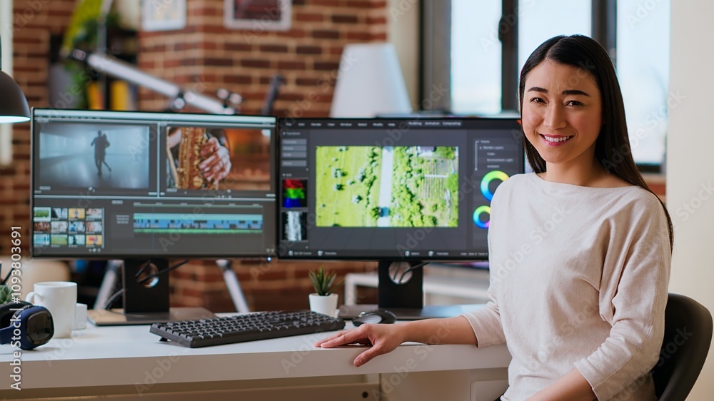 Asian woman video editor working with dual monitors in living room ...