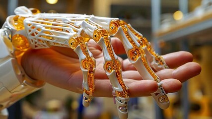Poster - An advanced robotic hand showcases its detailed design, featuring mechanical joints and vibrant colors, while resting in a person's hand within a workshop filled with tools and technology.
