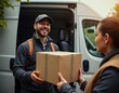 © Gianpiero - A cheerful delivery man receives a package from a smiling customer by a van. The scene captures the essence of a successful and friendly delivery process.
