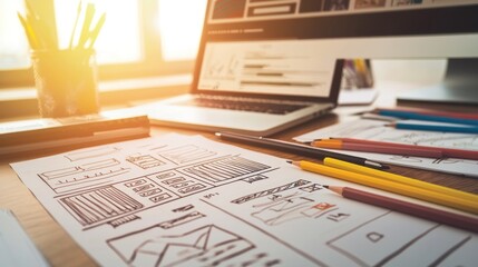 Close up of website wireframe on a desk, with laptop, colored pencils, and sunlight.
