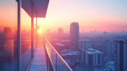 Canvas Print - Sunrise cityscape view from modern balcony.