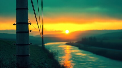 Sticker - Sunset over river, seen from behind a wooden post.