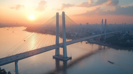 Sticker - Sunset aerial view of cable-stayed bridge over river.