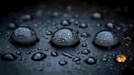 Poster - Three large water droplets on a dark surface.