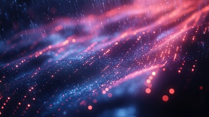 Abstract blue and red glowing particles with bokeh effect.