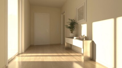 Poster - Bright and Airy Hallway with Minimalist Decor Featuring Potted Plant and Natural Light Streaming Through Windows for Inviting Interior Spaces