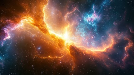 Wall Mural - A vibrant nebula with swirling clouds of orange, blue, and purple gas against a backdrop of twinkling stars.