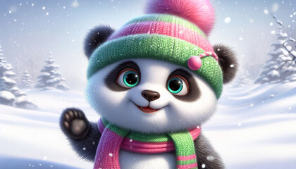 Wall Mural - Cute panda cartoon in snowy christmas landscape