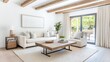 © suraida - Rustic Modern Living Room Design with Cream Couch and Reclaimed Wooden Beams