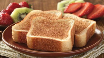 Wall Mural - Freshly Toasted Slices of Bread Served on a Plate Surrounded by Juicy Strawberries and Vibrant Kiwi Fruit in a Cozy Kitchen Setting