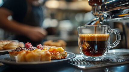 Wall Mural - A close-up of a perfectly brewed espresso placed next to a plate of assorted pastries, with a barista working in the background 