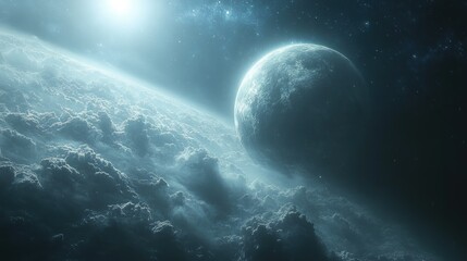 Wall Mural - A blue planet with white clouds and a bright sun shining in the distance in the vast darkness of space.