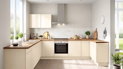 Wall Mural - Rustic modern Kitchen with Light Brown Wooden Counters Cream Cabinets and Marble Backsplash